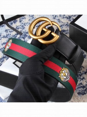 Gucci GG Buckle Calfskin Web Belt 38mm Width Green/Dark Blue