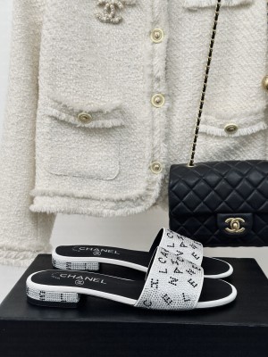 Chanel Crystals Flat Slide Sandals with Letterings Black