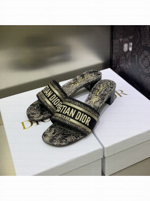 Dior Dway Heeled Slide Sandals 4cm in Cotton Embroidered 2023 Collection 027