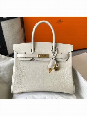 Hermes Birkin 30cm in Crocodile Embossed Calfskin White 2020（Half-Handmade） Collection