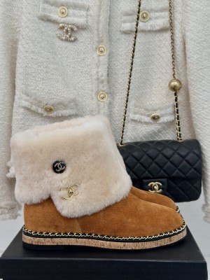 Chanel Suede & Wool Fur Wood Ankle Boots Brown 2024