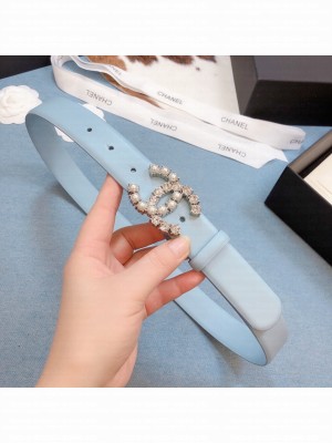 Chanel Calfskin Belt 30mm with Crystal and Pearl CC Buckle Light Blue  2021 Collection