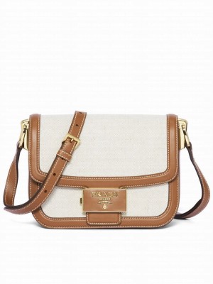 Prada Embleme Bag In Linen Blend And Leather 1BD257S Coffee