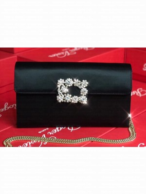 Roger Vivier Evening Envelope Chain Shoulder Flap Clutch Bag In Silk Satin Black 03