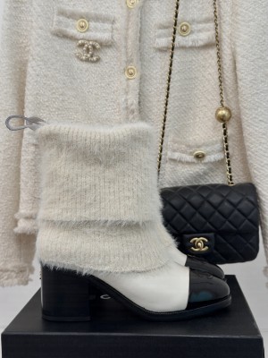 Chanel Knit Foldover & Calfskin Ankle Boots White 2024