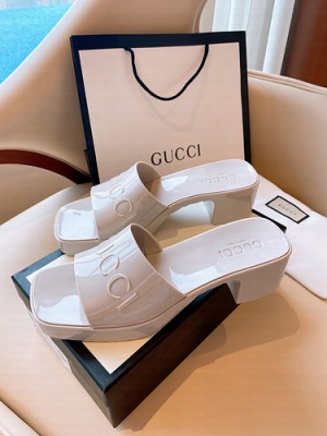 GUCCI HEEL 5.5CM PLATFORM 2.5CM EMBOSSED LOGO RUBBER SLIDE SANDALS GRAY