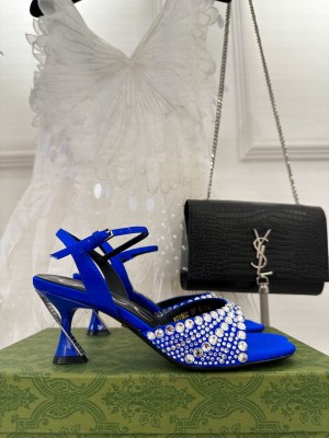 GUCCI WOMEN'S MID-HEEL 6.5CM SANDALS WITH CRYSTALS BLUE
