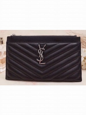 Saint Laurent Monogram Bill Pouch Bag in Grained Embossed Leather 504922 Black/Silver