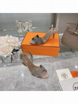 Hermes Hermes Suede Crystal Heeled Sandals 7cm Grey 2021 Collection 