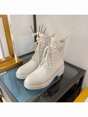 Prada Brushed Leather and Re-Nylon Boots Cream