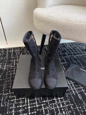 Chanel Lace Mesh Camellia Boots Black