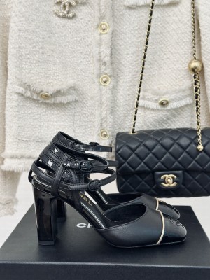 Chanel calfskin 8.5cm Chunky Heel sandals Black