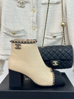 Chanel Women's Calfskin & Grosgrain With Chain Boots Beige