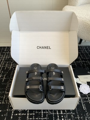 Chanel Calfskin Strap Beach Slide Sandals Black 2025