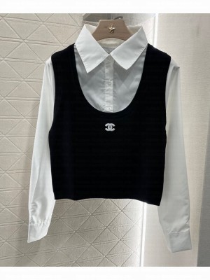 Chanel Women's Shirt Knit Two-piece Top Black