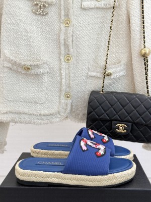 Chanel Canvas Embroidered CC Espadrilles Slide Mules Blue 2025