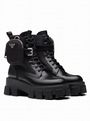 Prada Women's Monolith Leather And Re-Nylon Boots With Pouch Black
