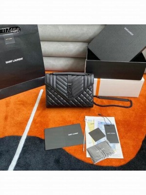 SAINT LAURENT ENVELOPE MEDIUM BAG IN MIX MATELASSe GRAIN DE POUDRE EMBOSSED LEATHER 600185 BLACK&BLACK