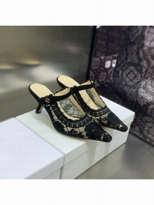 Dior Capture Heeled Mules 6.5cm in Transparent Mesh Embroidered with Black Lace Saint-Gall Motif 2023
