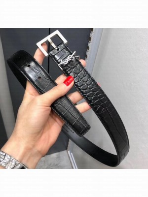 Saint Laurent Width 3cm Monogramme Belt With Square Buckle In Crocodile Embossed Leather Black/Silver
