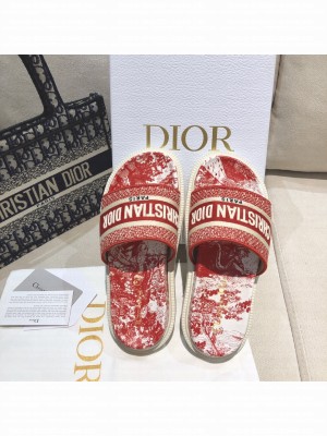 Dior Dway Slide Sandals in Red Toile de Jouy Reverse Embroidered Cotton 2021 Collection 