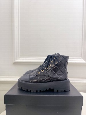 Chanel Quilting Calfskin 5cm Lace-up Biker Boots 2023 Black