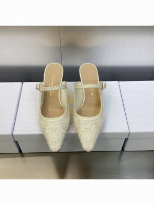 Dior Capture Heeled Mules 6.5cm in Transparent Mesh Embroidered with White Saint-Gall Motif 2023