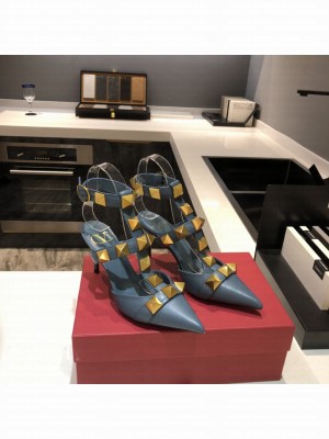 Valentino Garavani Roman Stud 80mm pump with straps embellished with maxi studs Blue 2021 Collection