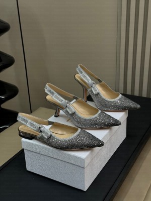 Dior J'Adior Slingback 6.5cm/9.5cm Pump & Flat Embroidered Cotton and Gray Resin Pearls 