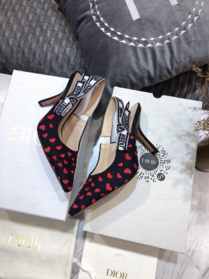 Dior J'Adior Slingback Pumps 9.5cm in Navy Blue and Red Hearts I Love Paris Embroidered Cotton 2021 2021 Collection 