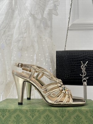 GUCCI WOMEN'S CRYSTAL INTERLOCKING G LAMBSKIN SANDAL GOLD