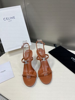 Celine Triomphe Leather Heel Sandals with Crystal Brown