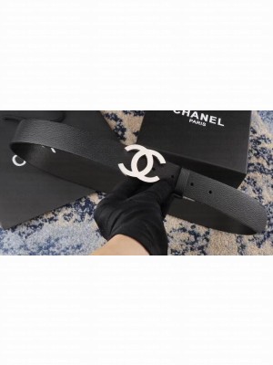 Chanel Width 3.5cm Leather Belt Black with Silver CC Logo