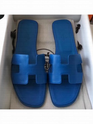 Hermes Oran Flat Slipper Sandals in Swift Box Calfskin Denim Blue