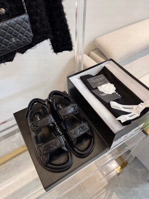 Chanel Woven CC Velcro Sandals Calfskin Leather Spring/Summer 2021 Collection, So Black