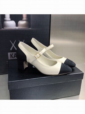Chanel Lambskin & Grosgrain Mary Janes Pumps 7cm White/Black 2022 Collection