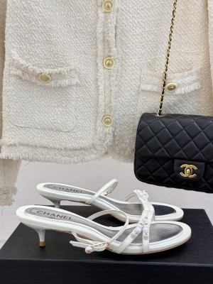 Chanel Vintage Calfskin Heel Sandals 7.5cm with Pearls White/Silver 2025