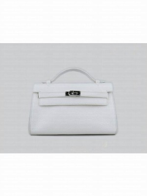 HERMES KELLY 22 CALFSKIN LEATHER CLUTCH BAG IN WHITE 
