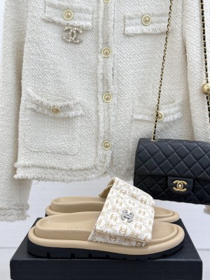 Chanel Printed Canvas Pillow Flat Slides Sandal Beige 2025