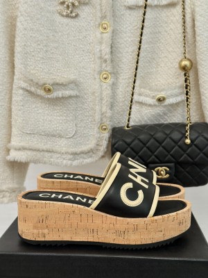 Chanel Black Lambskin Platform Slide Mule 