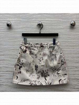 Christian Dior iniskirt Beige Cotton and Linen Denim with Multicolor Millefiori Motif
