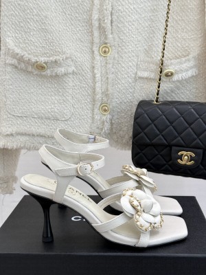 Chanel Lambskin With Camellia Chain 7.5cm Sandals White 2025