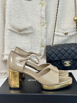 Chanel Gold Heel Calfskin Sandals Crinkled Beige 2024