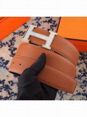 Hermes Width 3.8cm Ostrich Pattern Calfskin Reversible Belt Brown/Black(Gold) 2020 Collection