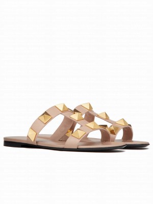 Valentino Women's Roman Stud Flat Calfskin Slide Sandal Pink