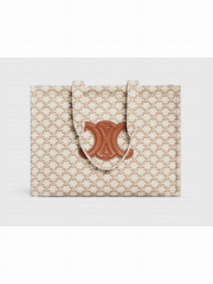 CELINE LARGE CABAS THAIS IN TEXTILE WITH TRIOMPHE CANVAS PRINT AND CALFSKIN 196762 WHITE
