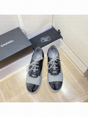 Chanel Lambskin Lace Up With Chain Loafer Gray 2023SS