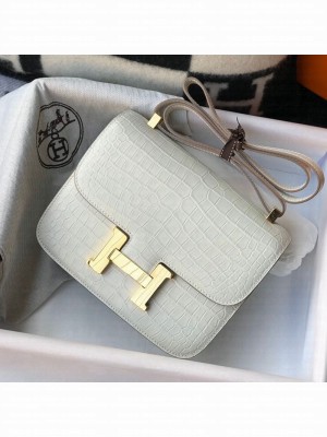 Hermes Constance 18/23cm in Crocodile Embossed Calf Leather White/Gold 2019 (Half Handmade) Collection