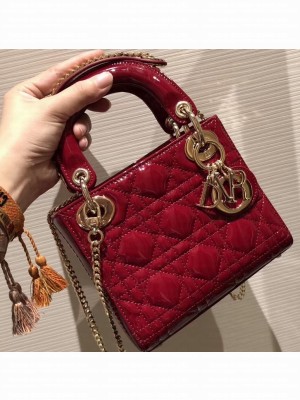 Lady Dior Mini Bag in Cannage with Chain Patent Dark Red