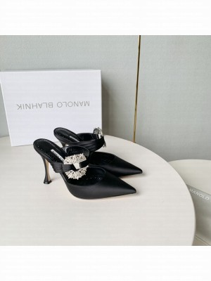 MANOLO BLAHNIK MAIDUGURAUS Black Satin Embellished Buckle Mules